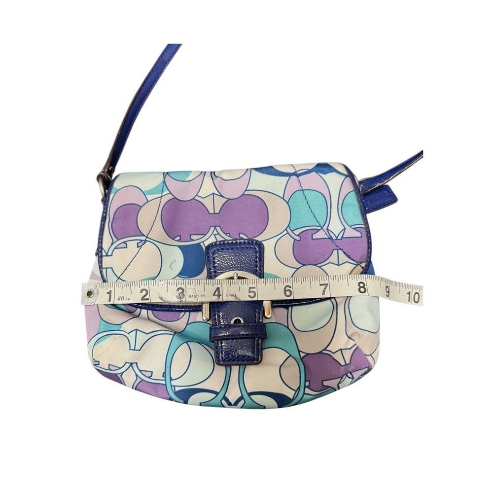 Coach Kyra Scarf Print Flap Crossbody Bag Purple Multicolor Patent Leather Trim - Picture 15 of 16